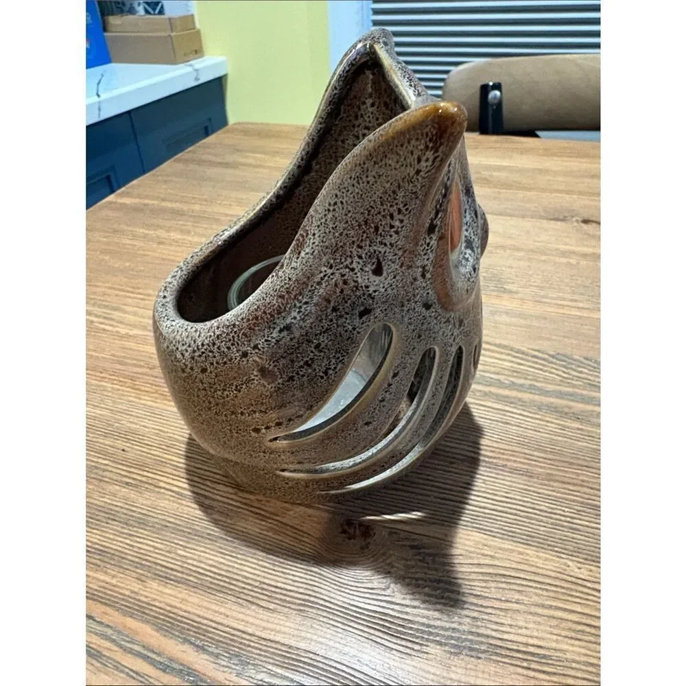 Vintage PartyLite Brown Speckled Ceramic Owl Votive Holder
